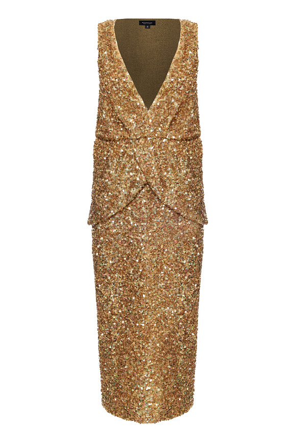 Платье с баской с пайетками в цвете Золотой по цене 40 000 ₽ | WITHOUTFAIL.RU
